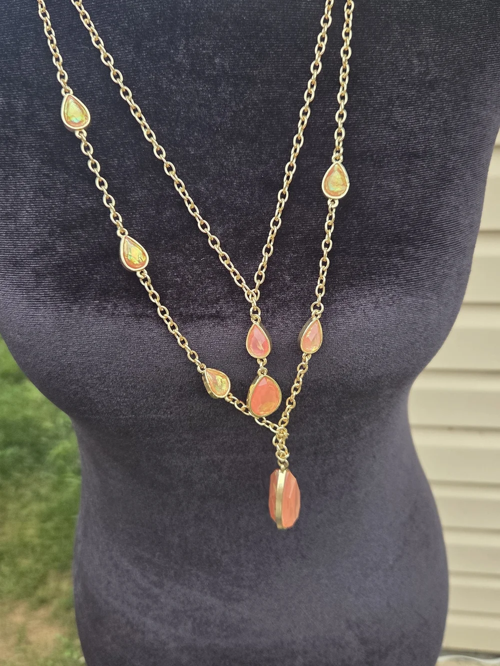 Gold-Tone Layered Necklace with Coral Teardrop Stones